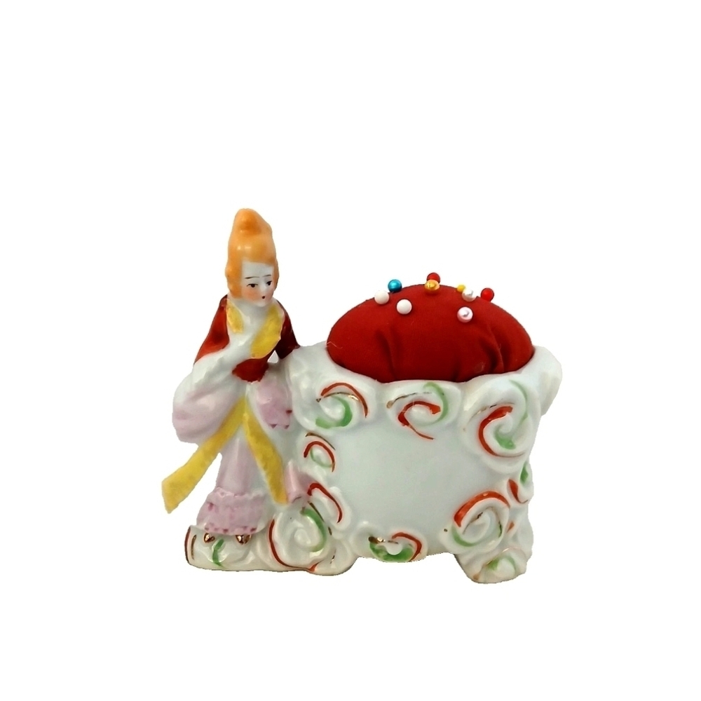 Victorian Lady Porcelain Pin Cushion 3.5" Hand Painted Floral Swirl Japan Kitsch